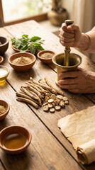 Fototapeta premium Close up of hands grinding ashwagandha roots in stone mortar with pestle, surrounded by herbs and spices, traditional Ayurveda preparation, natural wellness, immunity support and holistic healing conc