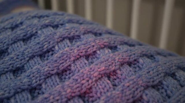 Macro close-up view of colorful blue and pink knitted yarn textile, showing intricate handmade stitch pattern texture.
