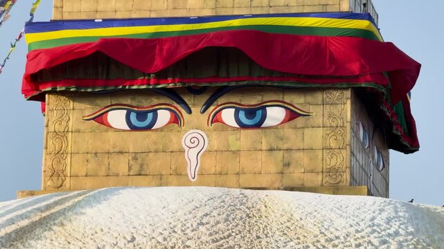 Close-up of the All-Seeing Eyes on Boudha Stupa in Kathmandu, Nepal