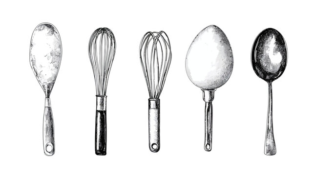 A monochrome illustration depicting various kitchen utensils, including whisks and spoons, on white
