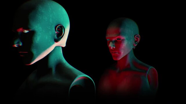 A dark looping background of endless rows of hollow mannequin style humanoid clones.