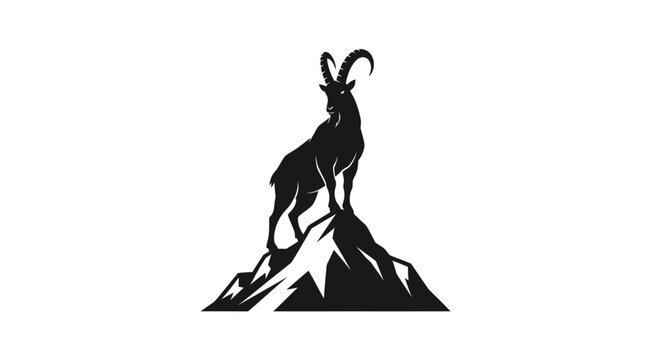 Silhouette Ibex Standing on Rocky Mountain Peak, Wildlife Animal Vector Art