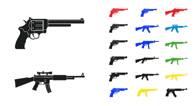 Collection of Colorful Firearm Silhouettes - Revolver, Rifle, and Machine Gun Icons