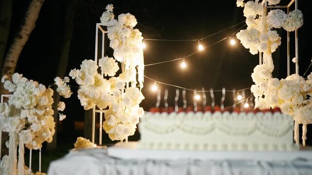 A delicious, sweet wedding cake with white cream and ripe red strawberries and other berries. Evening ceremony and an arch of white roses and flowers. Dessert of the evening.