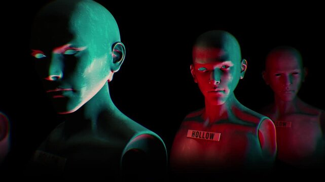 A dark looping background of endless rows of hollow mannequin style humanoid clones.