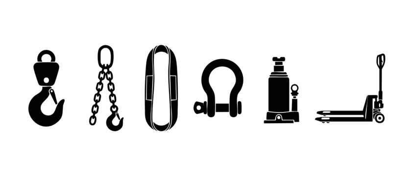 Industrial Lifting Equipment Icons Set: Crane Hook, Chain, Lifting Sling, Shackle, Hydraulic Jack, and Pallet Truck for Logistics, Construction, Warehouse, and Heavy Machinery Operations and Cargo Saf