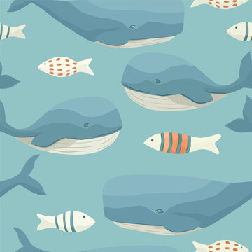 Vector seamless pattern with fish, whale. Nautical  illustration on white background