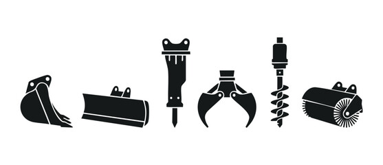 Excavator Attachments Set Icons, Heavy Construction Equipment Tools for Bulldozer and Digger, Black Silhouette Vector Collection for Engineering Design Projects, Industrial Machinery Parts Isolated Gr © Fernando