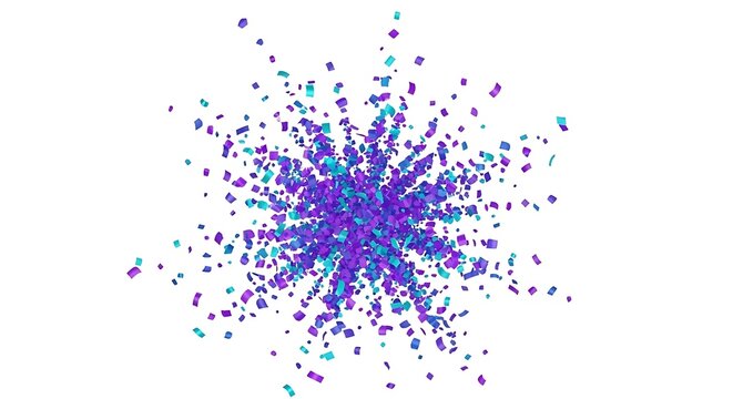 Vibrant purple and blue particles exploding in a dynamic burst of colorful dots on a plain surface