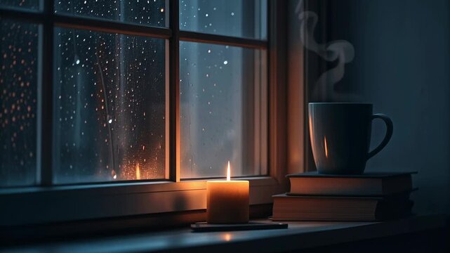 Rain and raindrops on glass window concept. Cozy warm candlelight and steaming cup by rainy window for relaxing evening comfort and calm atmosphere