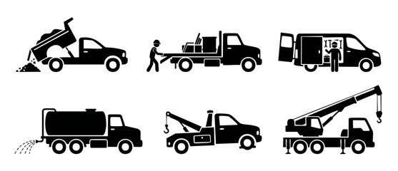 Construction Vehicles Icons Set, Industrial Trucks and Utility Vans Vector Pictograms for Transport and Logistics, Heavy Equipment Silhouettes for Building Infrastructure Projects and Maintenance Serv © Fernando