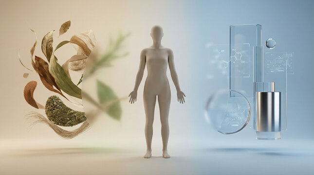 Concept image of human body between herbal medicine and modern healthcare, showing Ayurveda vs allopathy with herbs, pills, syringe and digital interface, integrative medicine and holistic health care