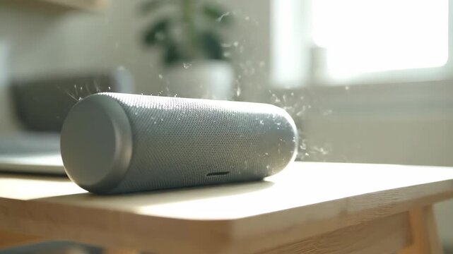 Wireless Bluetooth Speaker on table in bright room with dust. Home, technology.