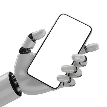 Robotic hand holding a smartphone with broken screen