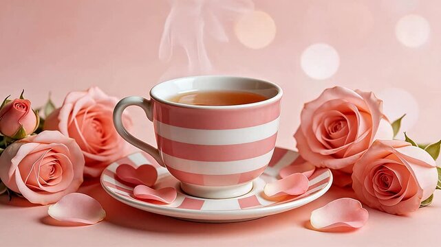 Pink tea cup with roses on pink background