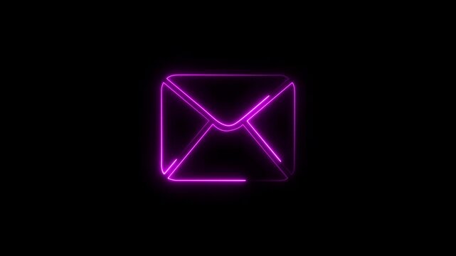 Glowing neon message box purple color  icon on black background.  notice receive massage,  incoming mail, Sending mail icon animation.