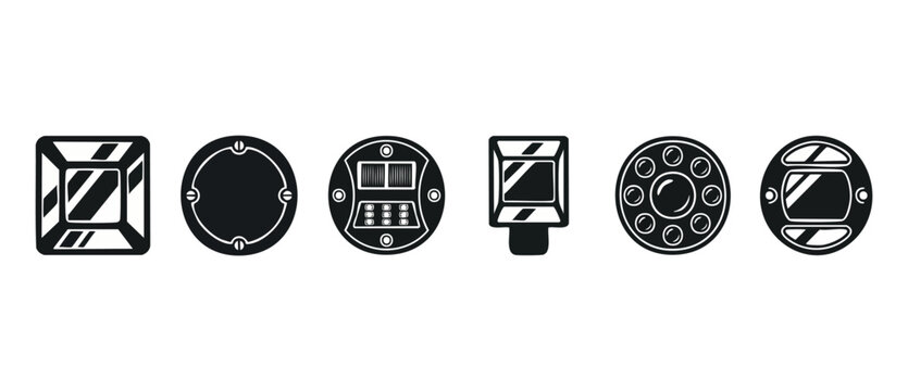 Road stud markers set, reflective highway safety devices for traffic lane delineation, black flat vector icons isolated on white background, infrastructure signaling equipment for night vision navigat