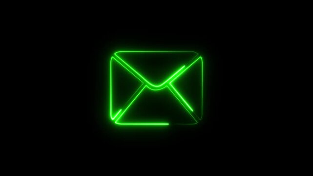 Glowing neon message box green color  icon on black background.  notice receive massage,  incoming mail, Sending mail icon animation.