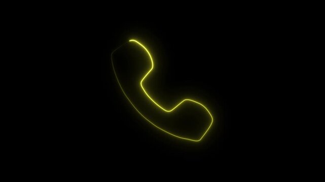 Abstract glowing neon yellow colour phone icon animation on black background. Incoming telephone call icon animation. 