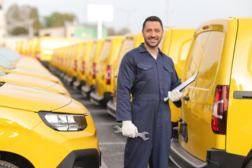 Mechanic with a fleet of yellow delivery vans © Ljupco Smokovski