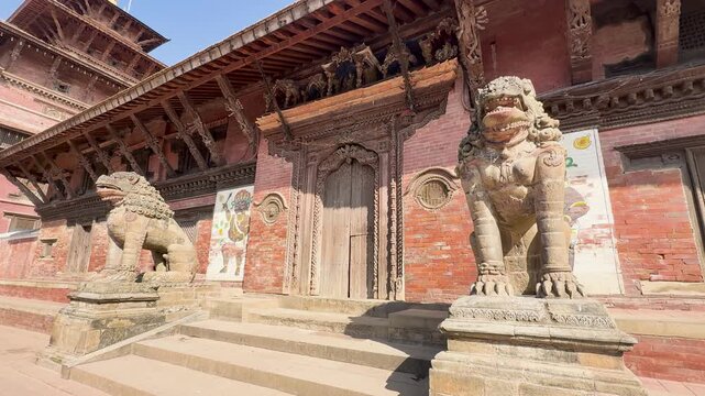 Guardian Lion Statues in Patan Durbar Square, Lalitpur, Nepal