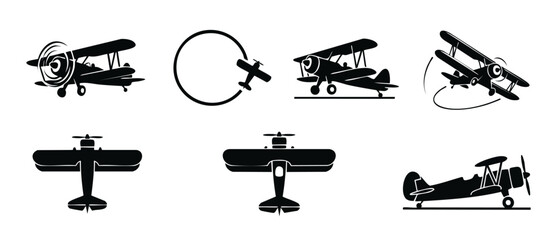 Biplane Icon Set Collection, Vintage Airplane Silhouette Vector Graphics for Aviation Logos and Transportation Design Elements, Retro Propeller Aircraft Symbols Isolated on White Background for Web Gr © Fernando