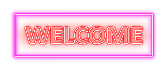 Welcome neon red light  with pink purple square or rectangle. Advertising ultraviolet extra glowing and shiny bright signboard title. Night club illuminated led line tube lights. Fluorescent glow lamp © Deta Deto