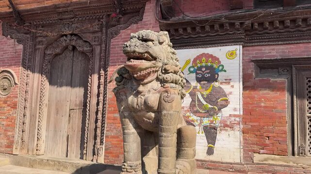 Ancient Guardian Lion Sculptures in Patan Durbar Square, Lalitpur, Nepal