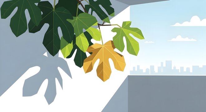 Urban Balcony Fig Leaves with Sharp Morning Shadows