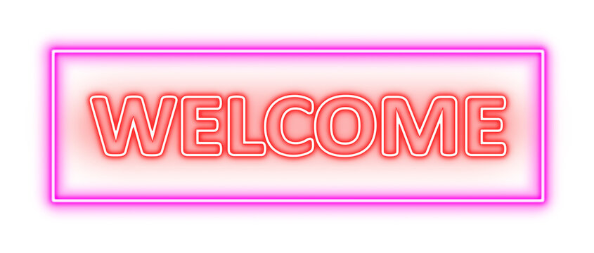 Welcome neon red light  with pink purple square or rectangle. Advertising ultraviolet extra glowing and shiny bright signboard title. Night club illuminated led line tube lights. Fluorescent glow lamp