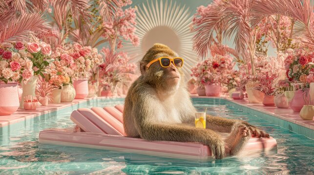 Monkey floating under bright sun, sunglasses, luxury summer house, playful color palette, 8k 