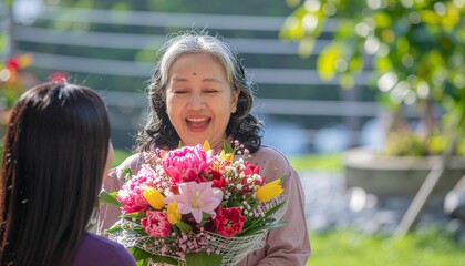 Fototapeta premium Elderly woman joyfully receives colorful bouquet of fresh flowers outdoors.