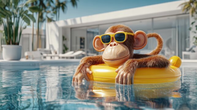 Monkey lying flat on pool float, sunglasses, modern luxury house background, playful summer humor, realistic water reflections, 8k