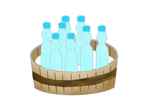 Lots of chilled bottles of ramune (Japanese soda).