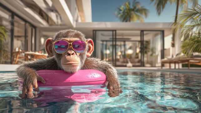 Monkey lying flat on pool float, sunglasses, modern luxury house background, playful summer humor, realistic water reflections, 8k