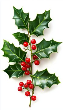 Sprig of holly with green leaves and red berries isoated on white background,  classic symbol of christms