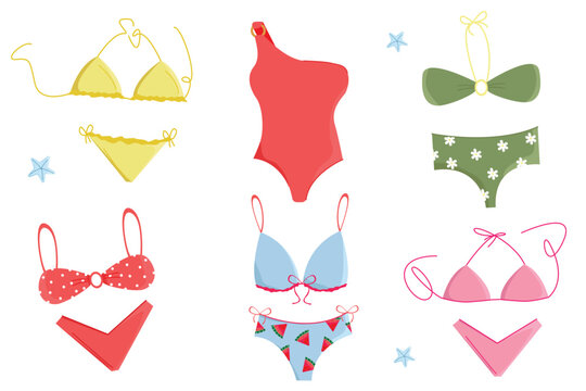 Colorful Summer Swimwear Vector Set &ndash; Bikini and One Piece Swimsuits with Patterns, Flowers, Polka Dot, Beach Fashion Collection