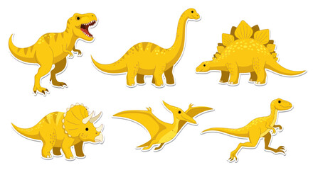 Set of Yellow Cartoon Dinosaurs: T-Rex, Brontosaurus, Stegosaurus, Triceratops, Pterodactyl, Raptor © din