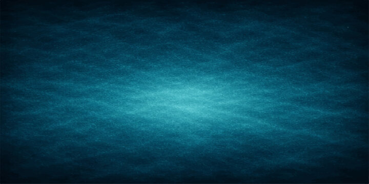 Deep abstract blue background featuring sunlight rays through underwater waves and a dark ocean horizon texture