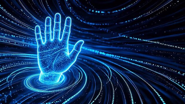 Glowing blue hand in digital tunnel