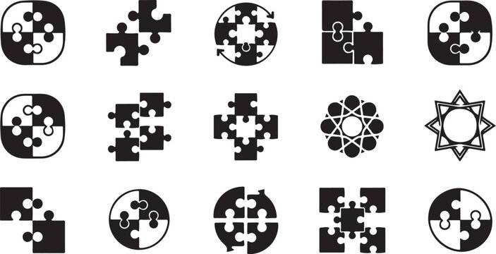 Black and white puzzle piece icons set