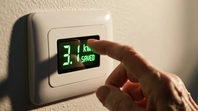 Close-up of a modern digital meter displaying 'kWh Saved,' symbolizing sustainable energy technology and environmental conservation.