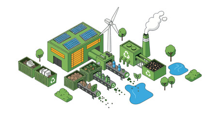 Fototapeta premium Eco-friendly factory with solar panels and wind turbine, recycling process