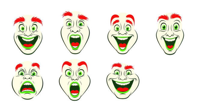 Cartoon Face Expressions Set: Joy, Surprise, Fear, Laughter