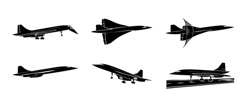 Supersonic Passenger Jet Plane Silhouette Set, Concorde Style Aircraft Icons in Different Flight Positions, Takeoff Landing and Cruising Speed for Aviation Design and Transportation Vector Illustratio