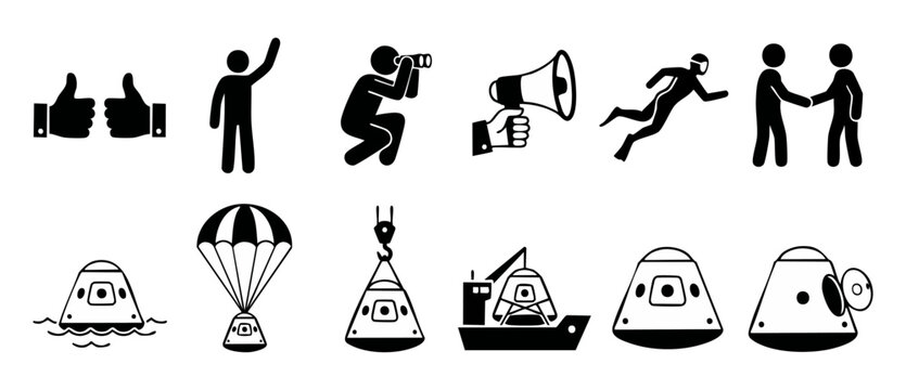 Space Capsule Recovery Icons Set, Mission Landing and Astronaut Rescue Symbols, Vector Illustration of Reentry Vehicle Retrieval Process, Sea Splashdown and Logistics Handling Pictograms for Infograph
