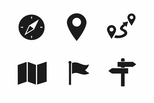 Navigation icons set: compass, location pin, map, flag, signpost in black silhouette