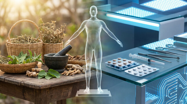 Concept image of human body between herbal medicine and modern healthcare, showing Ayurveda vs allopathy with herbs, pills, syringe and digital interface, integrative medicine and holistic health care