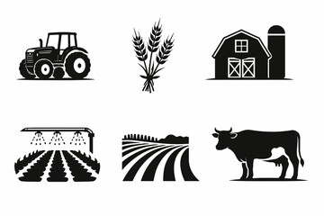 Naklejka premium Agricultural icons: tractor, wheat, barn, irrigation, fields, cow silhouettes