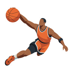 Basketball player reaches for the rim with a ball in hand while jumping high above the ground to execute an impressive slam dunk during an intense professional game on a bright sunny court area. © Alishba